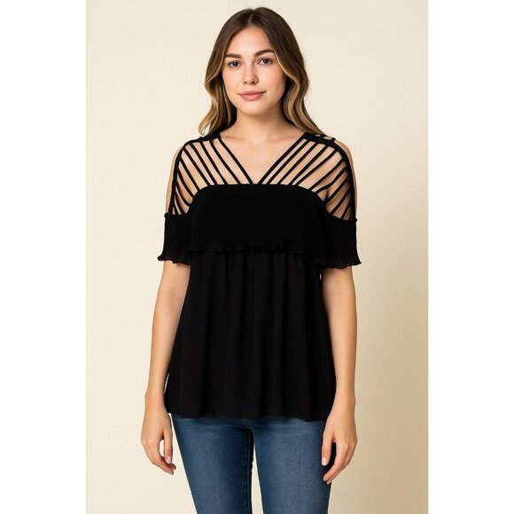 Entro Black Lattice Shoulder Pleated Ruffle Chiffon Blouse – Size Large - Picture 1 of 8